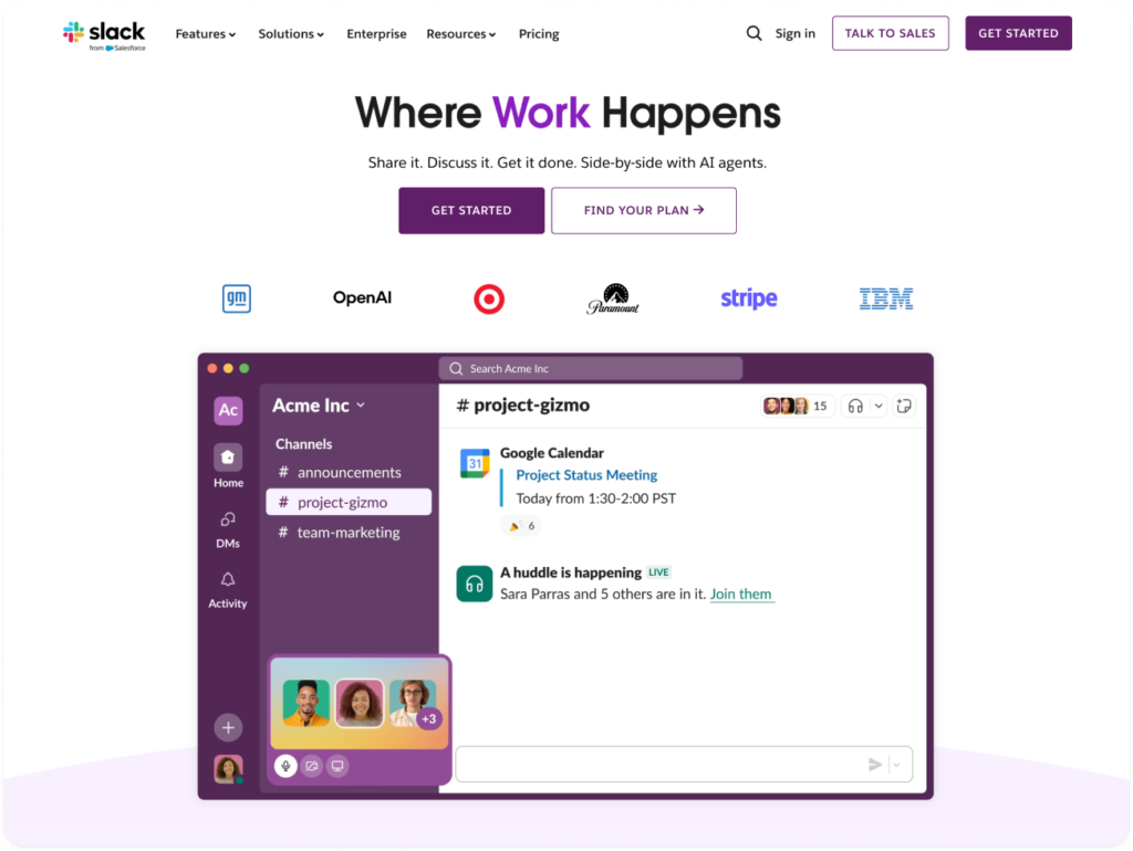 Платформа Slack для небольших и средних команд, где важна скорость реакции и удобство взаимодействия.