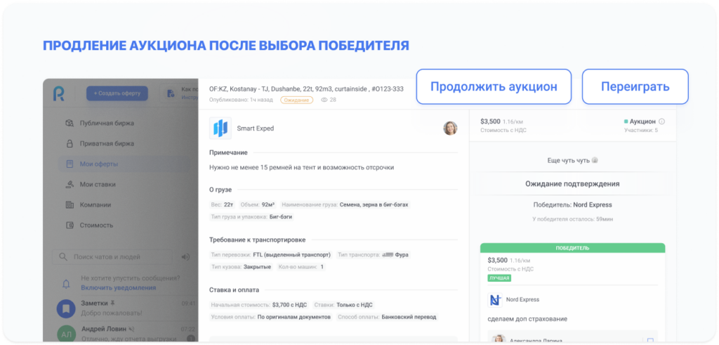 Продление аукциона через кнопку «Продолжить аукцион»