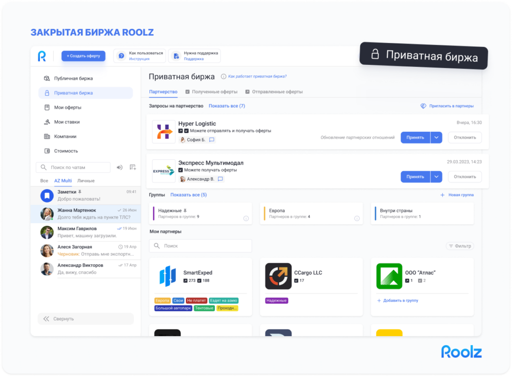Интерфейс приватной биржи Roolz