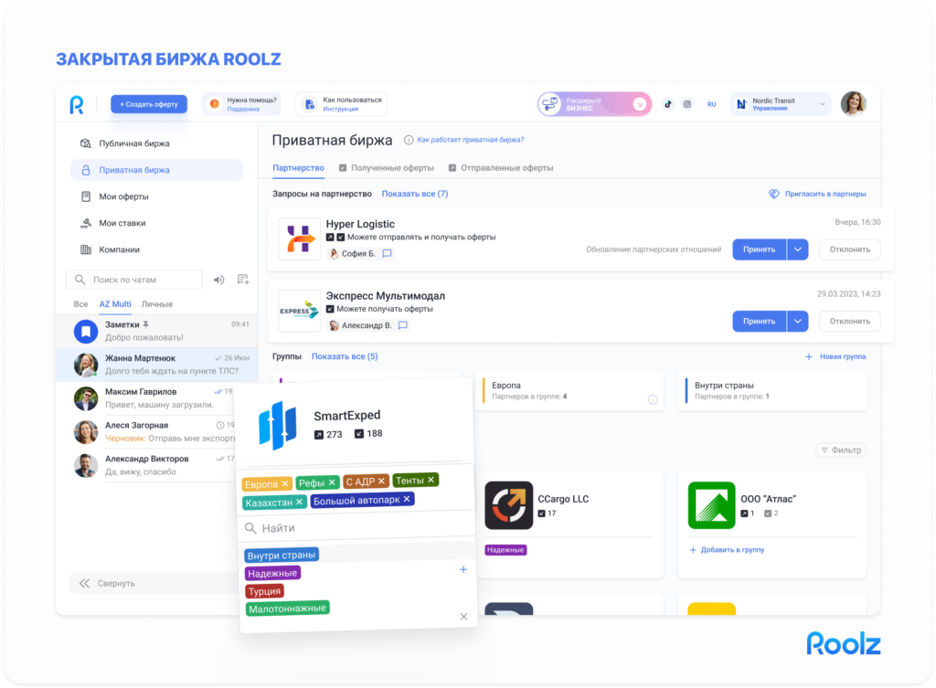 Интерфейс приватной биржи Roolz