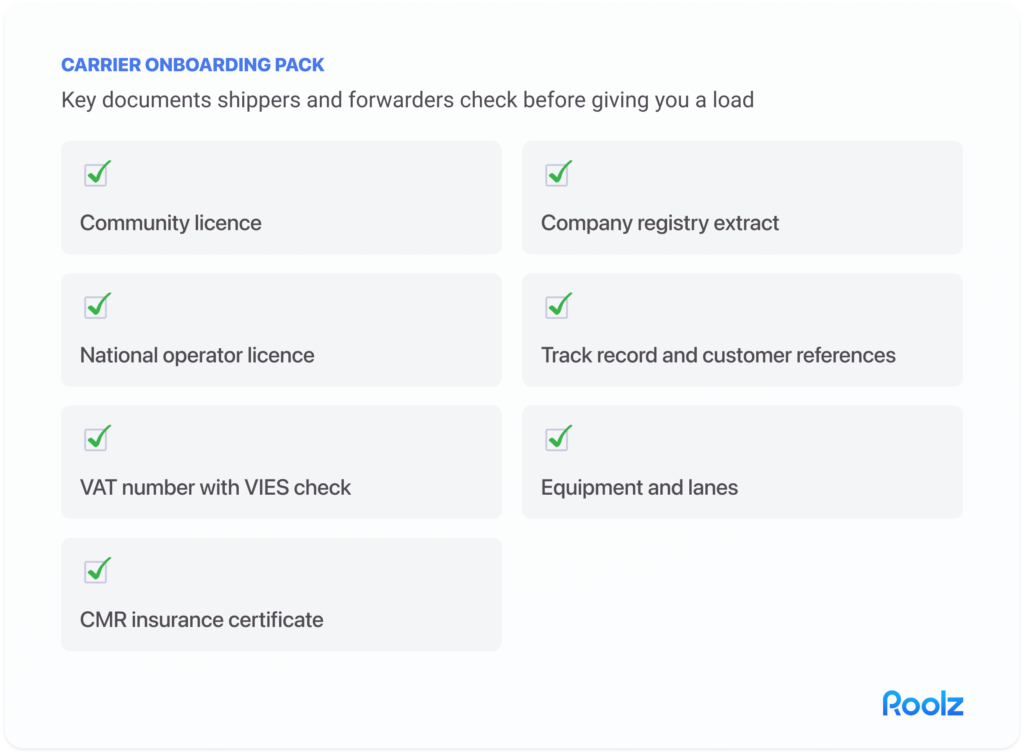 Checklist card "Carrier onboarding pack"