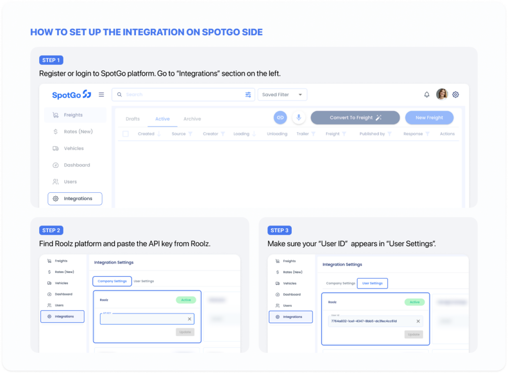 How to setup api integration in SpotGo interface